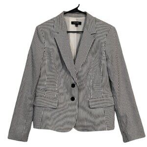 Nine West Blazer Blue & White Textured Striped Lined Cotton Blend Career